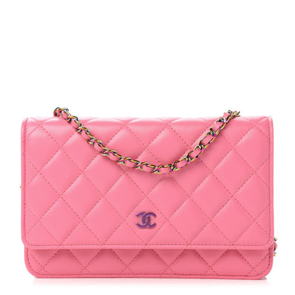 Chanel Lambskin Quilted Wallet On Chain WOC Pink Yellow 1 of 12