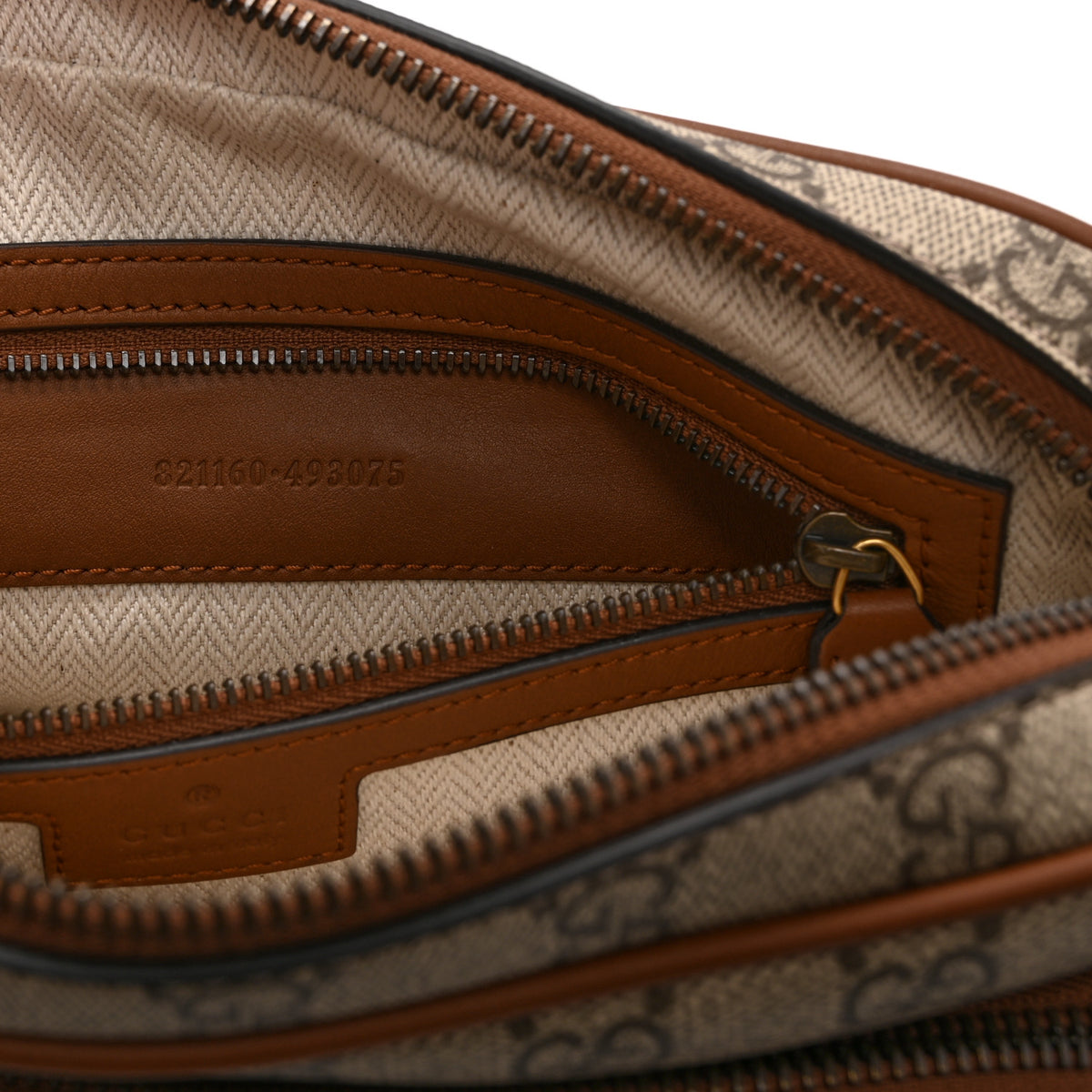 Gucci GG Supreme Monogram Textured Calfskin Emblem Medium Crossbody Beige Dark Brown 8 of 12