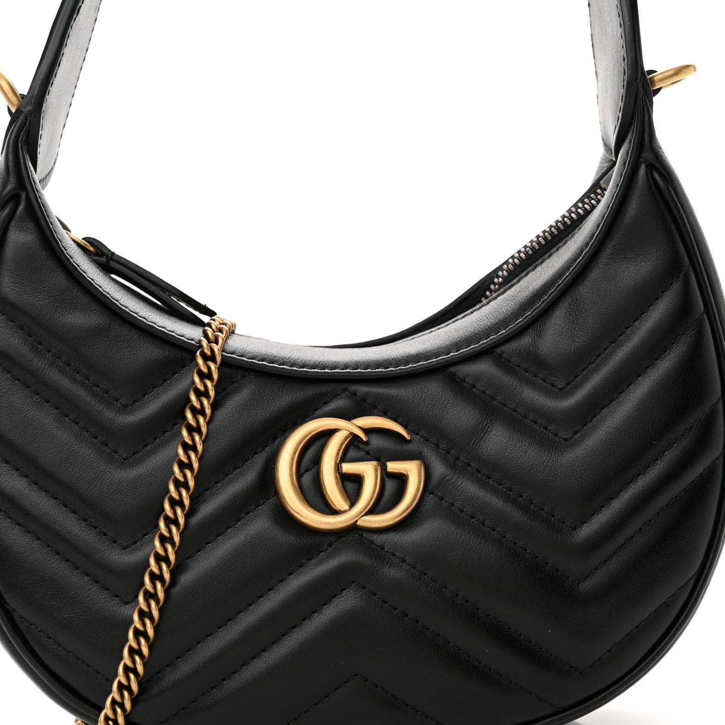 Calfskin Matelasse Chevron Mini GG Marmont Half Moon Hobo Black