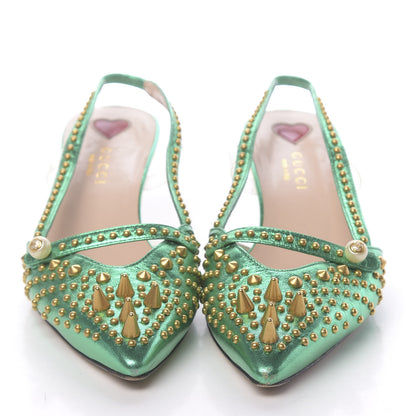Gucci Metallic Calfskin Studded Unia Pointed Toe Low Heel Slingback Pumps 35.5 Green 2 of 12