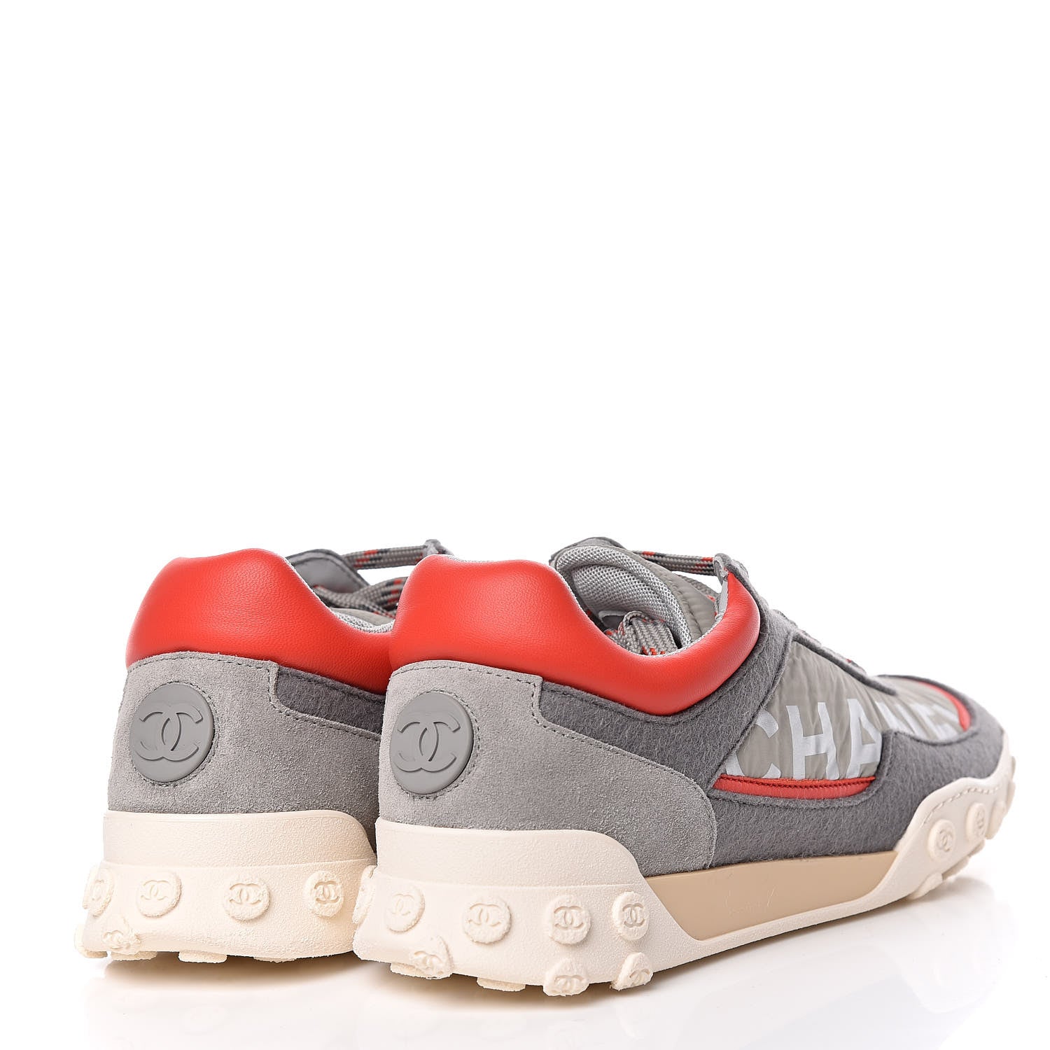 Chanel Nylon Calfskin Suede Womens CC Sneakers 38 Grey Red 4 of 9