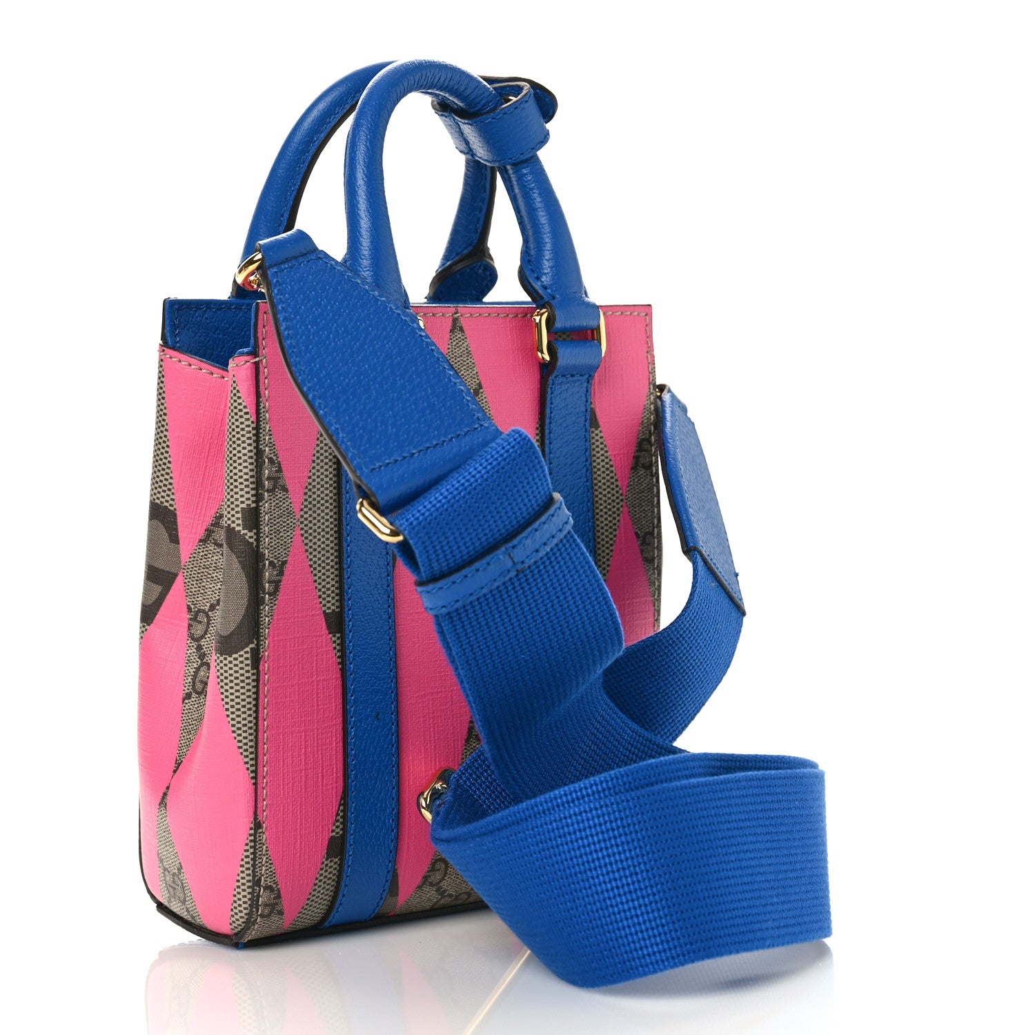 Gucci GG Supreme Monogram Textured Dollar Calfskin Rhombus Mini Tote Bag Beige Ebony Pink Blue 3 of 8