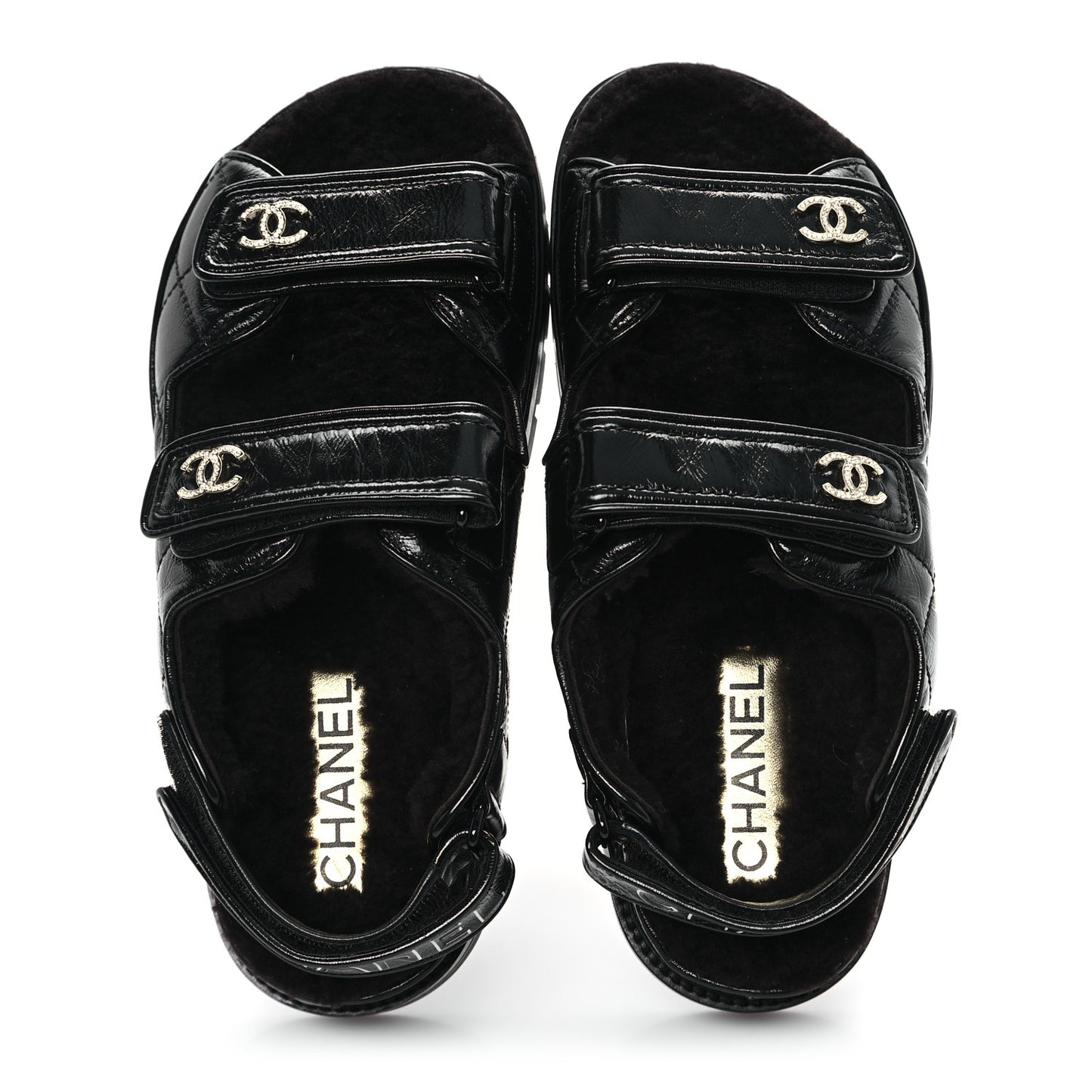 Laminated Lambskin Shearling Crystal CC Velcro Dad Platform Sandals 38 Black
