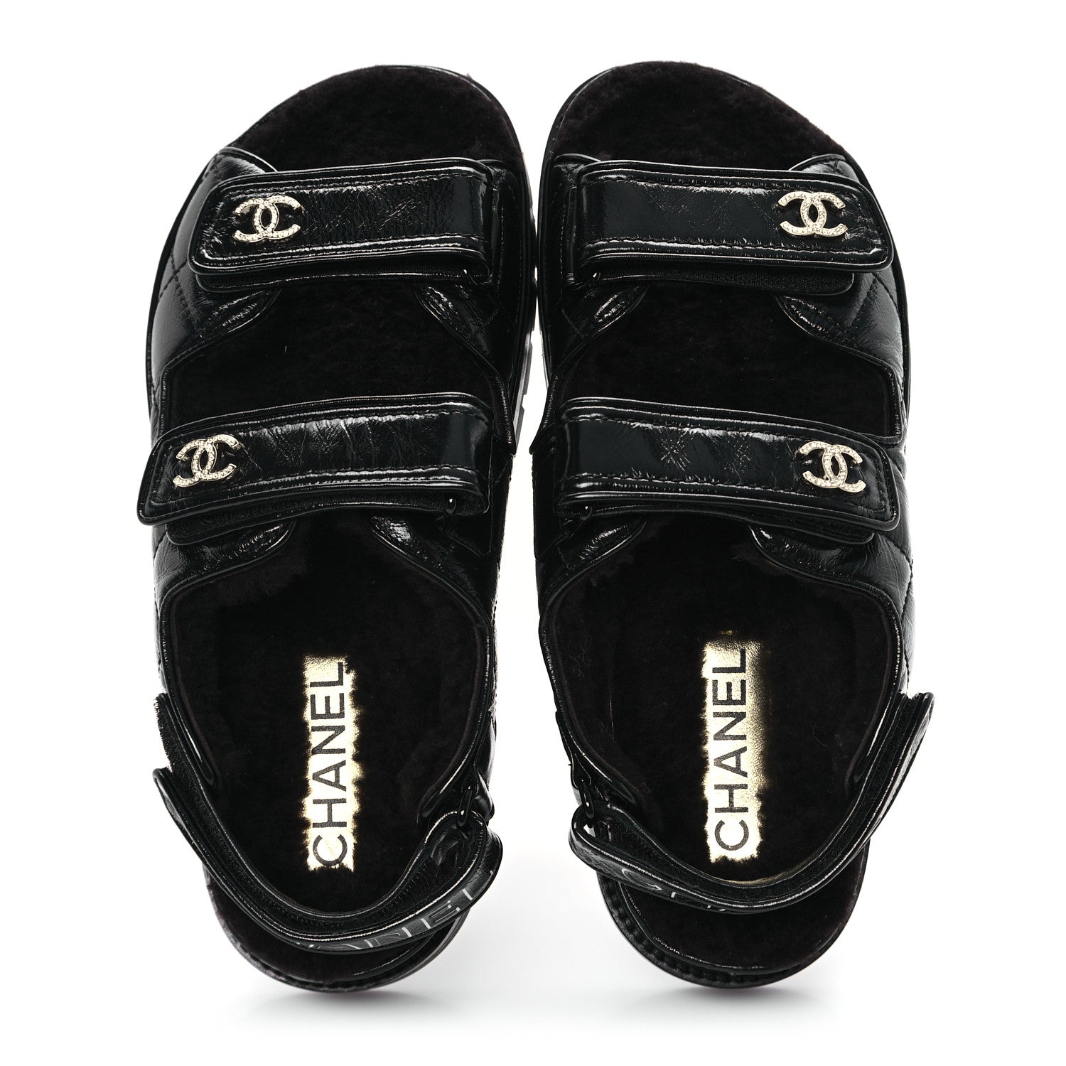 Chanel Laminated Lambskin Shearling Crystal CC Velcro Dad Platform Sandals 38 Black 2 of 11
