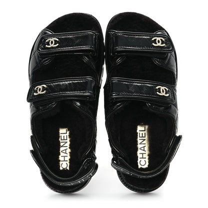 Chanel Laminated Lambskin Shearling Crystal CC Velcro Dad Platform Sandals 38 Black 2 of 11