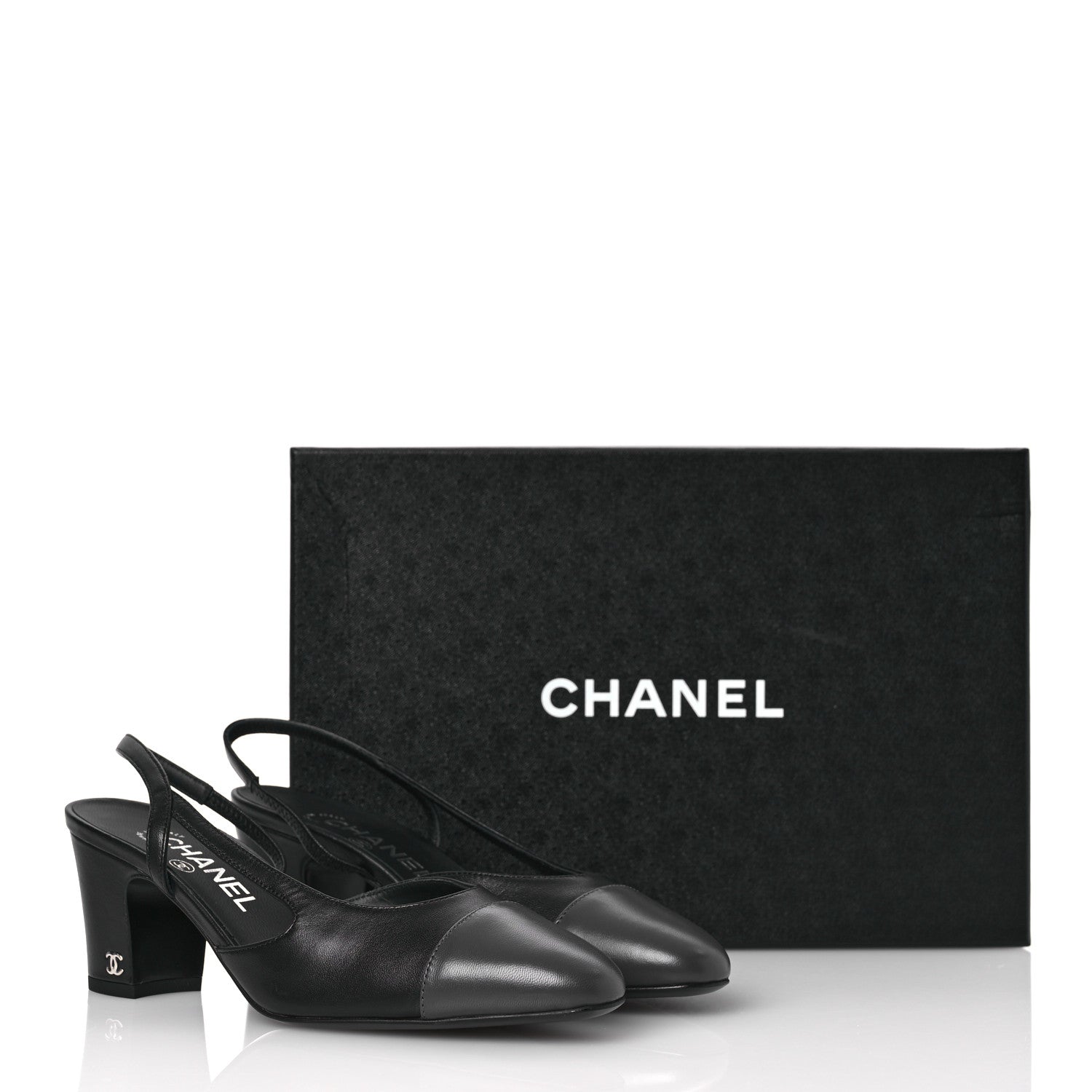 Chanel Lambskin Cap Toe CC Slingback Sandals 37 Black Dark Grey 11 of 11