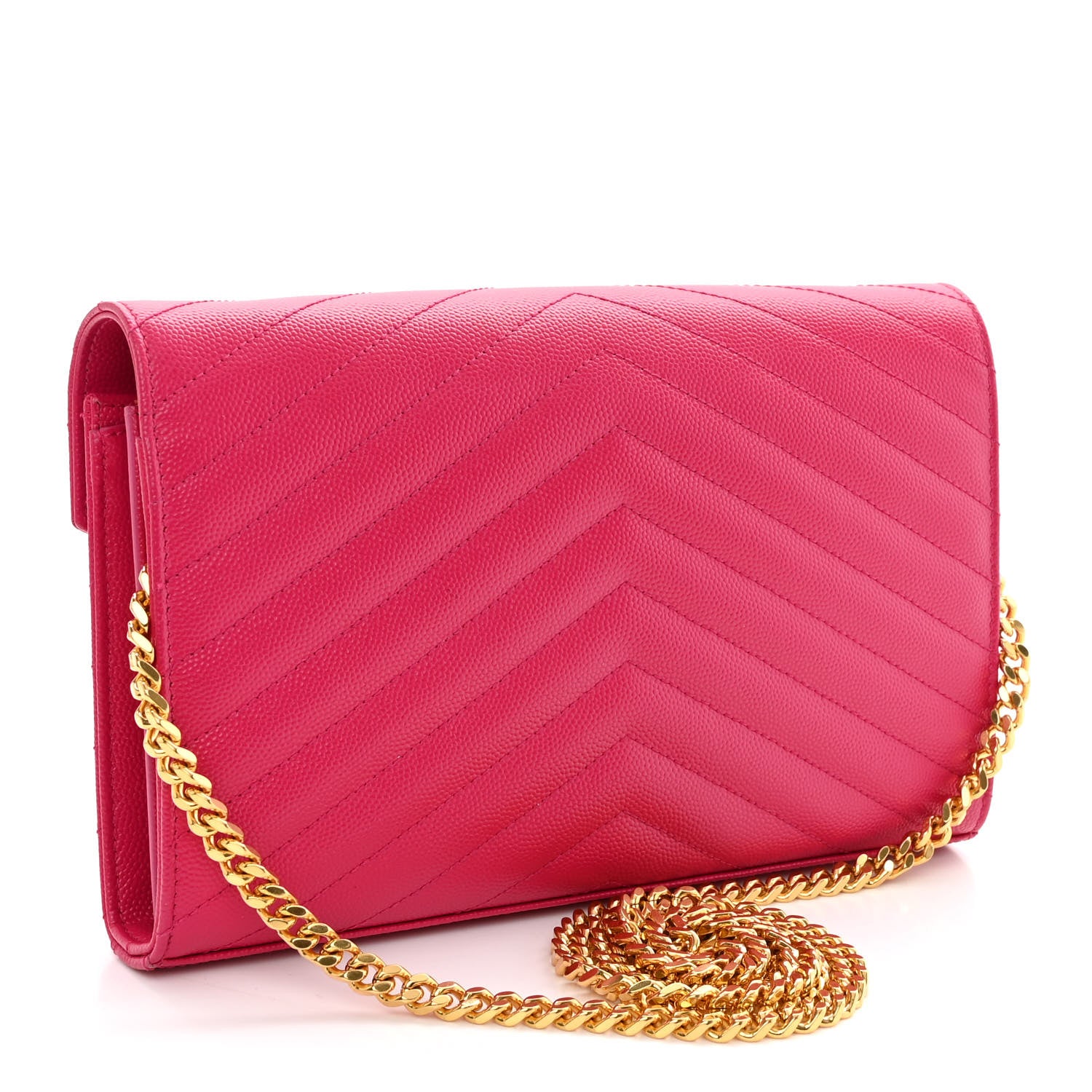 Saint Laurent Grain De Poudre Matelasse Chevron Monogram Chain Wallet Lipstick Fuchsia 3 of 10