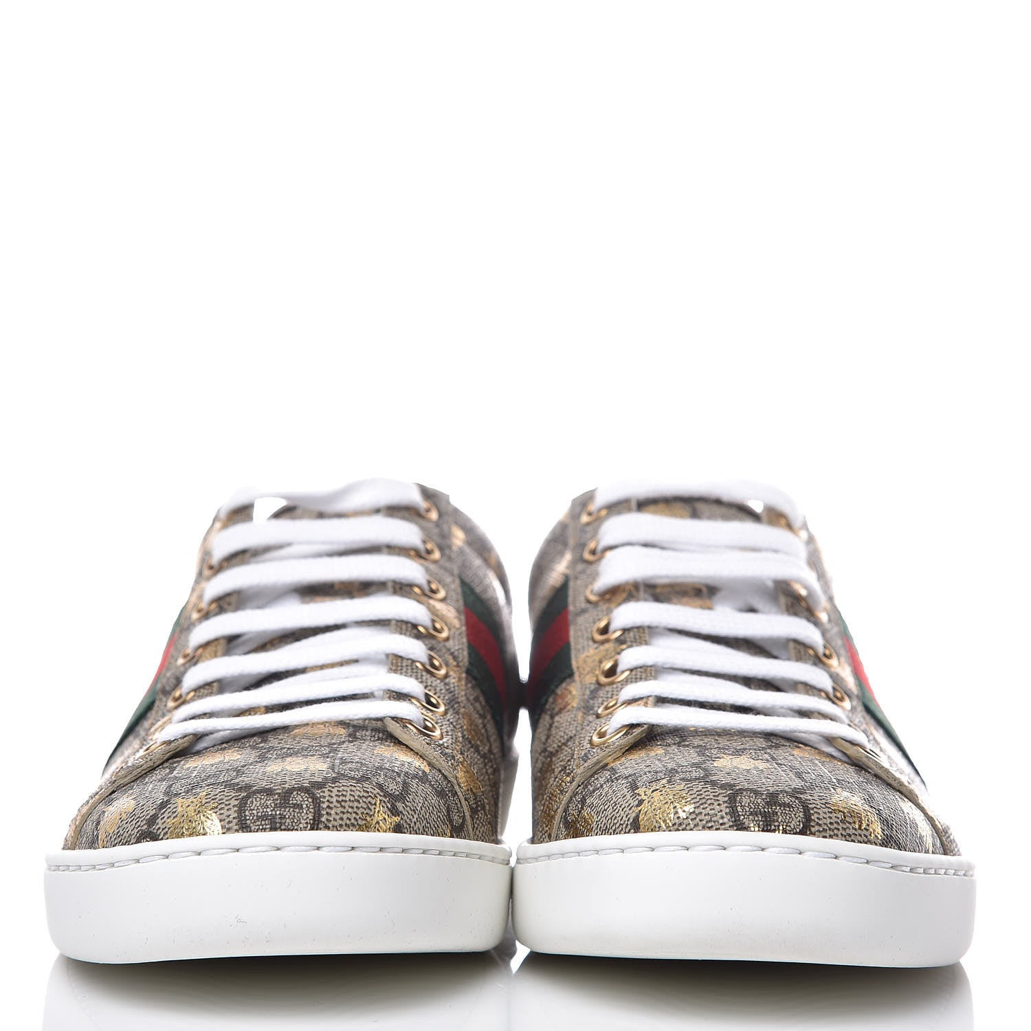 Gucci GG Supreme Monogram Bees Ayers Web Womens Ace Sneakers 37 Beige Oro Green Red 2 of 11