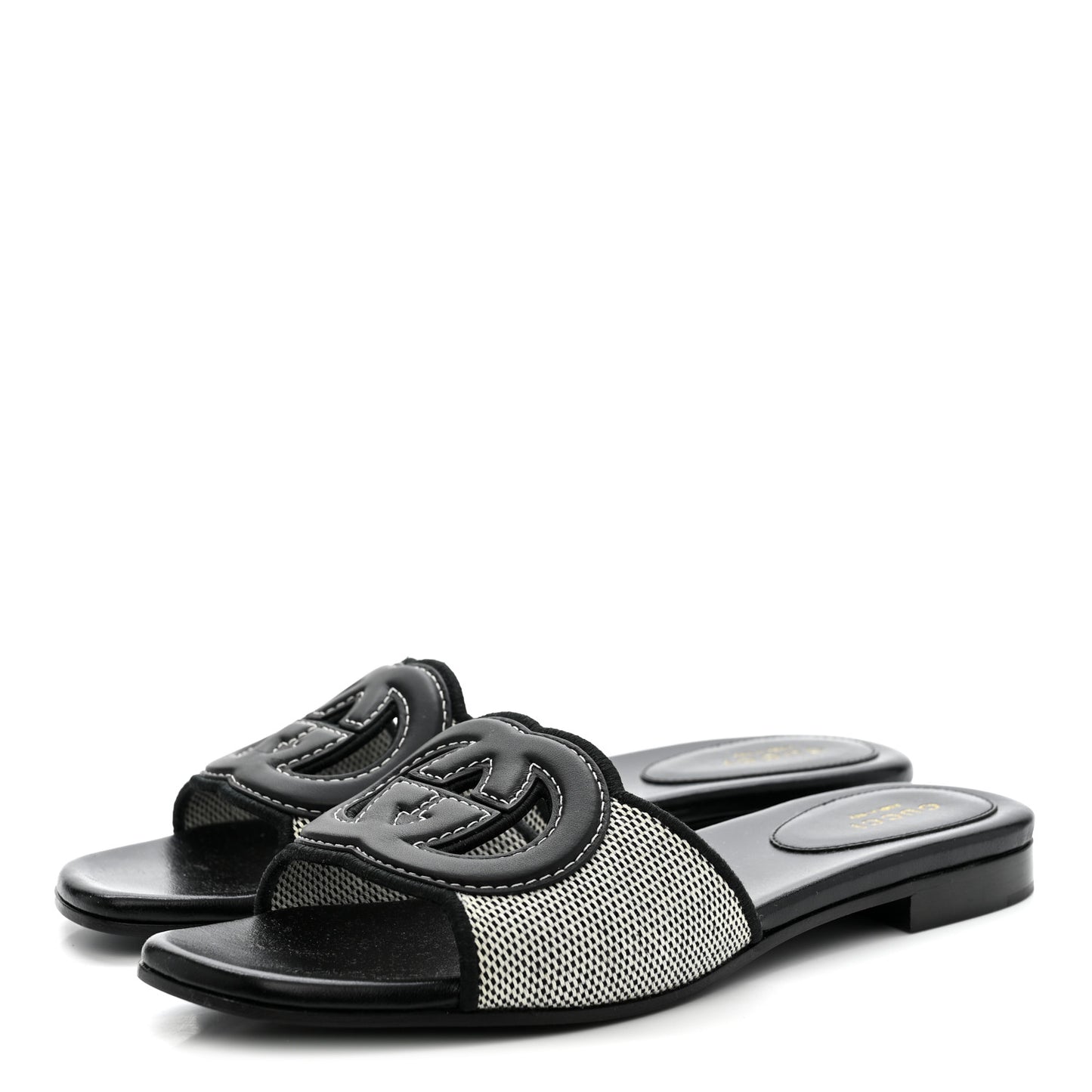 Cosmo Softy Calfskin Canvas Interlocking G Cut Out Slide Sandals 37.5 Natural Black
