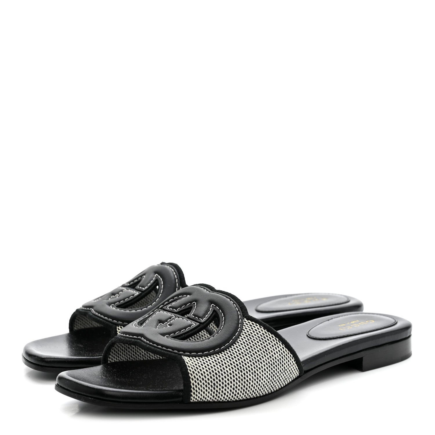 Gucci Cosmo Softy Calfskin Canvas Interlocking G Cut Out Slide Sandals 37.5 Natural Black 4 of 8