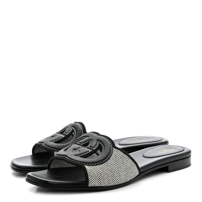 Gucci Cosmo Softy Calfskin Canvas Interlocking G Cut Out Slide Sandals 37.5 Natural Black 4 of 8