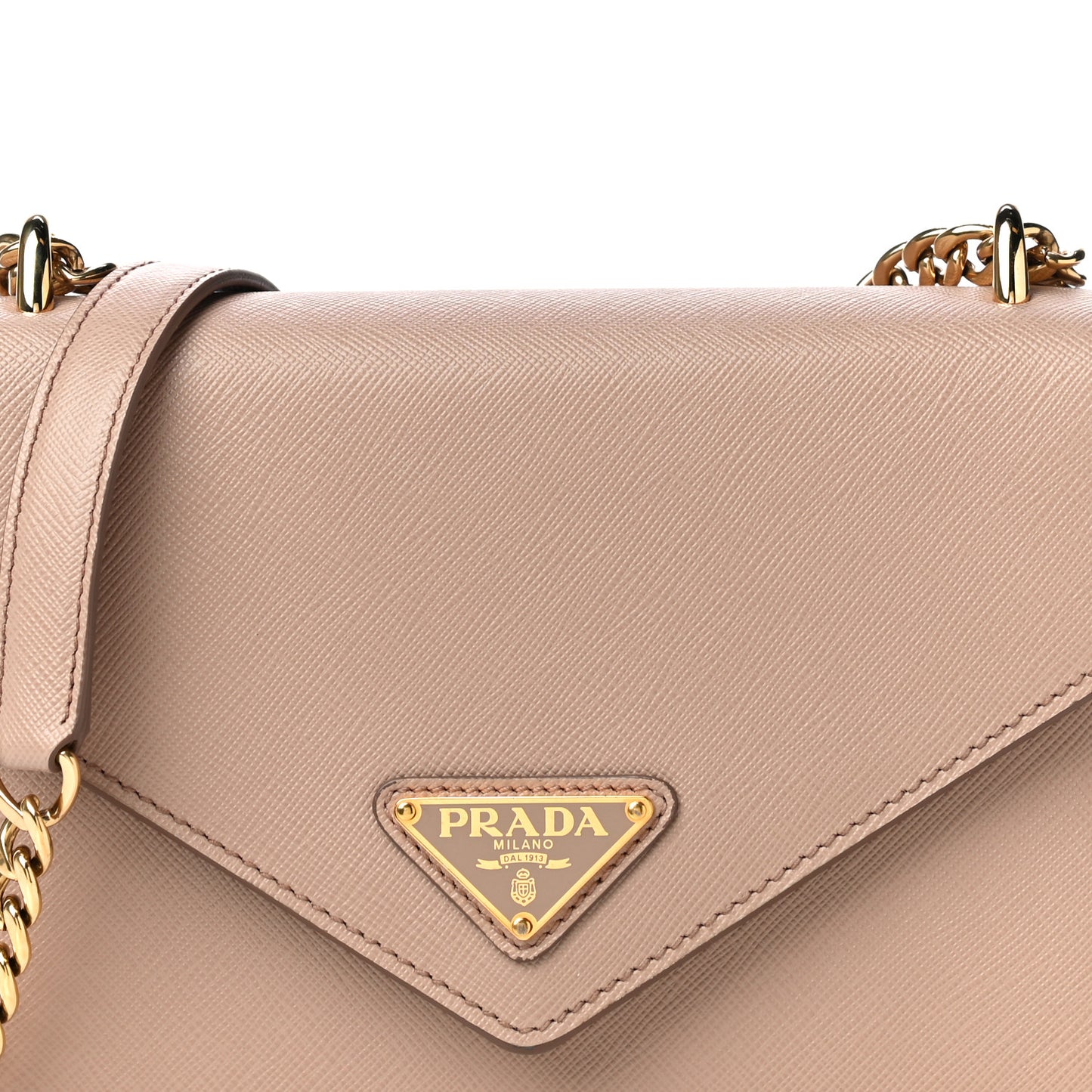 Saffiano Soft Calfskin Metal Triangle Logo Envelope Chain Shoulder Bag Cammeo
