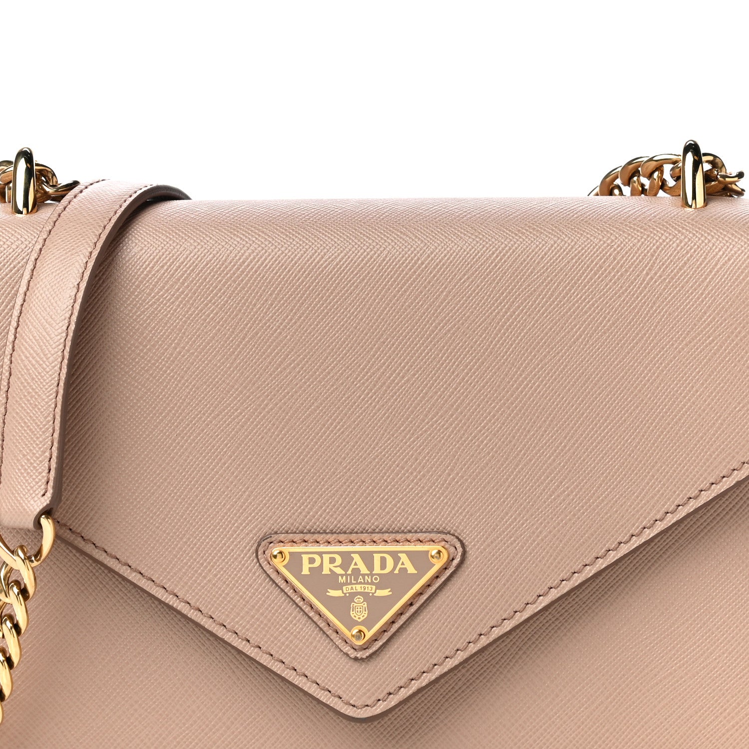 Prada Saffiano Soft Calfskin Metal Triangle Logo Envelope Chain Shoulder Bag Cammeo 7 of 10