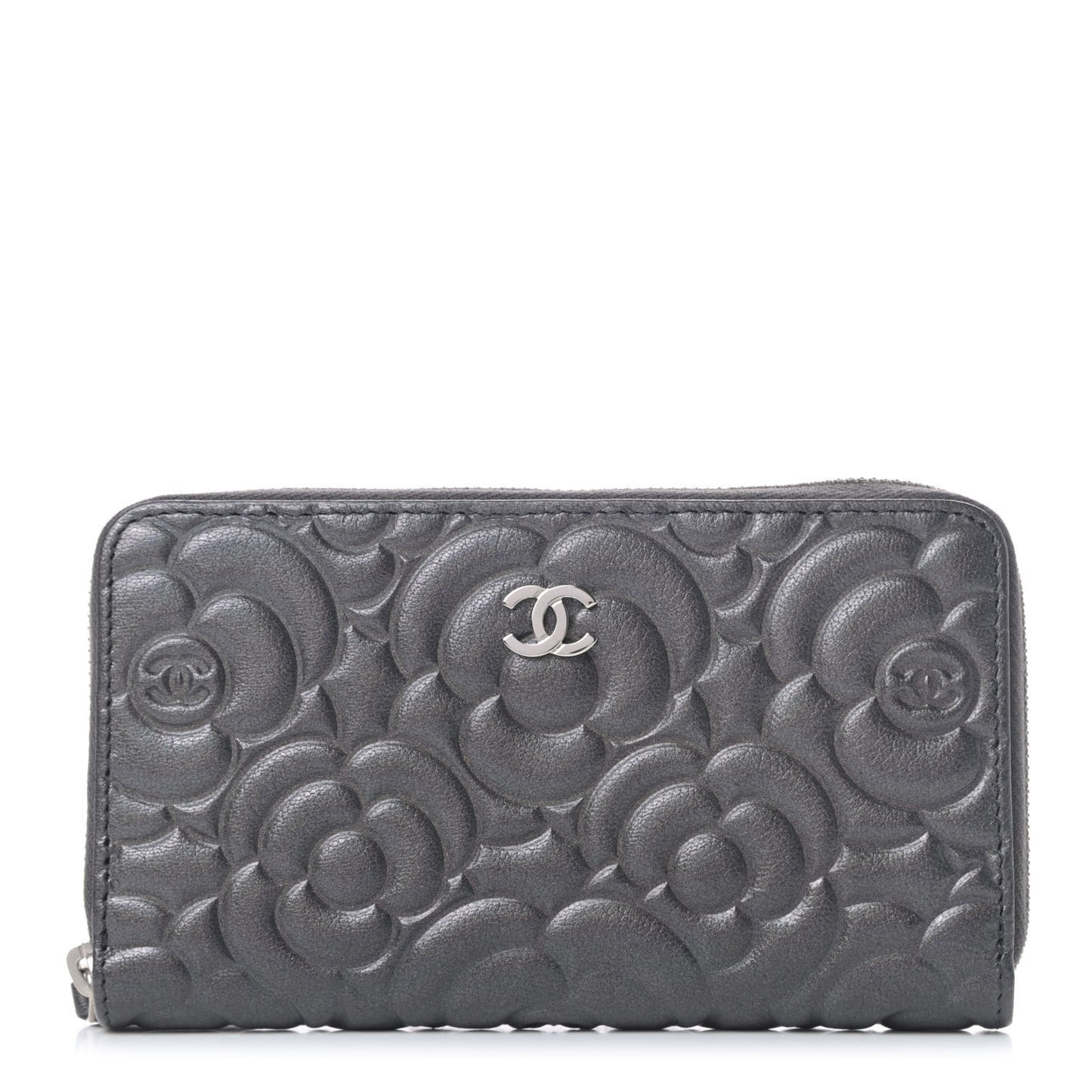 Goatskin Camellia Embossed Medium Zip Around Wallet Dark Grey