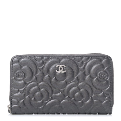 Chanel Goatskin Camellia Embossed Medium Zip Around Wallet Dark Grey 1 of 5