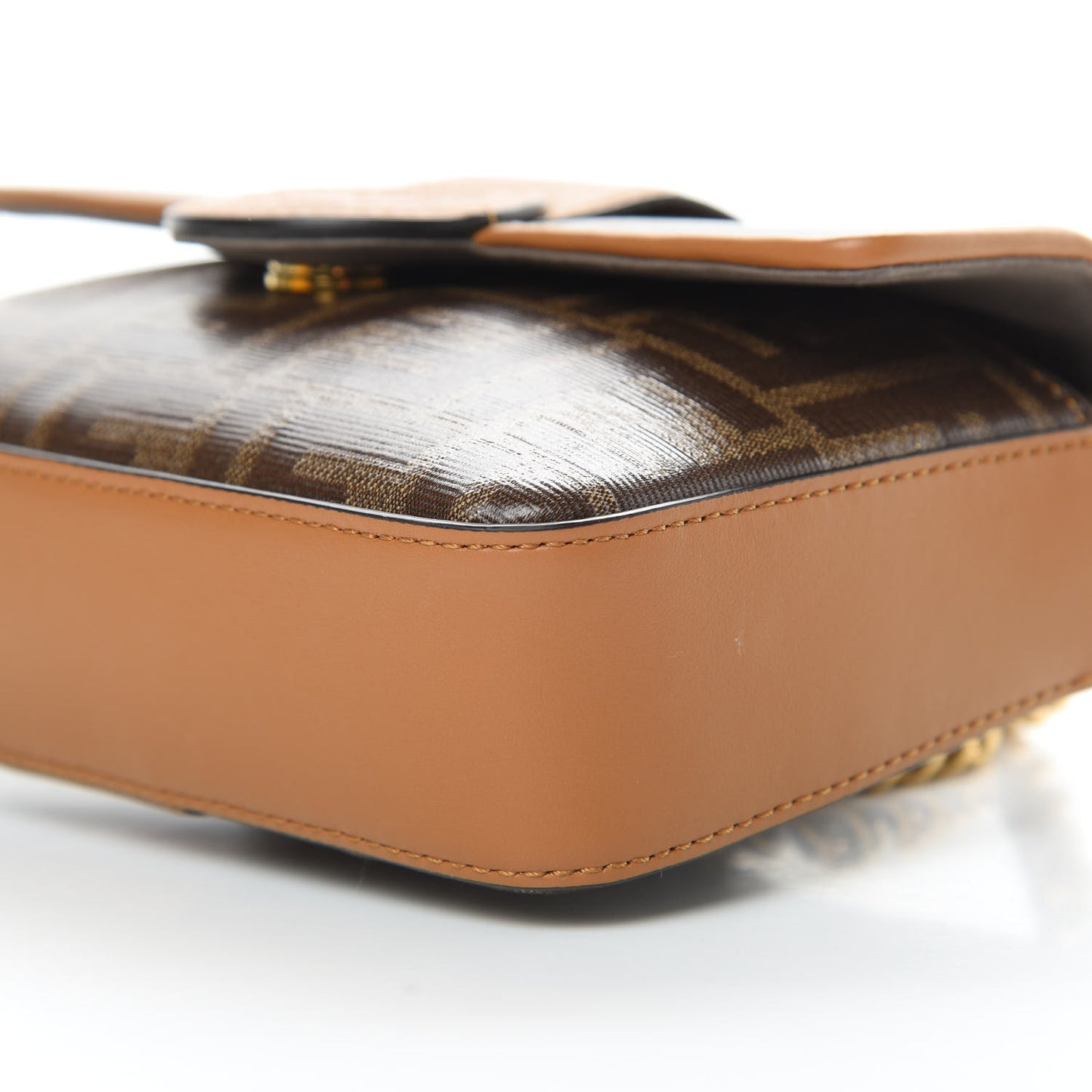 Glazed Fabric Vitello Century FF 1974 Stamp Patch Mini Double F Crossbody Bag Mogano Panna Caramello