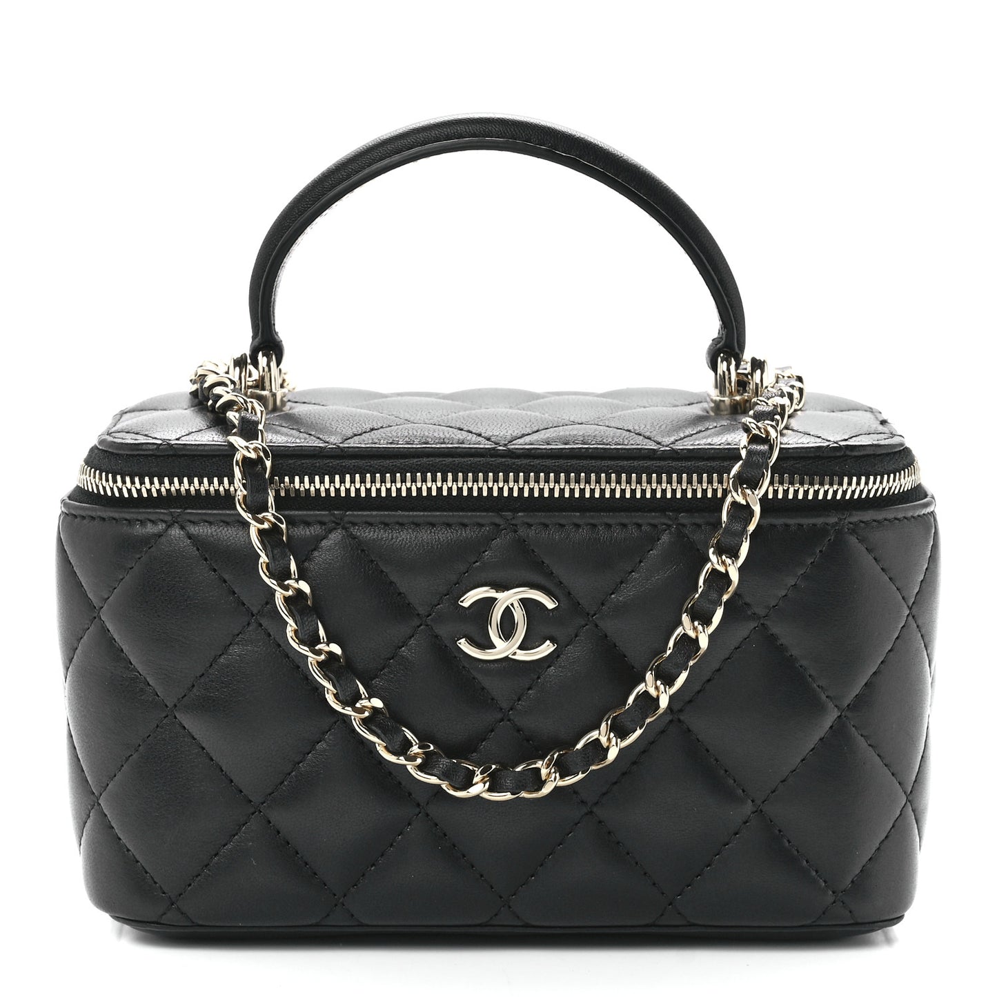 Lambskin Quilted Small Top Handle Vanity Case With Chain Black