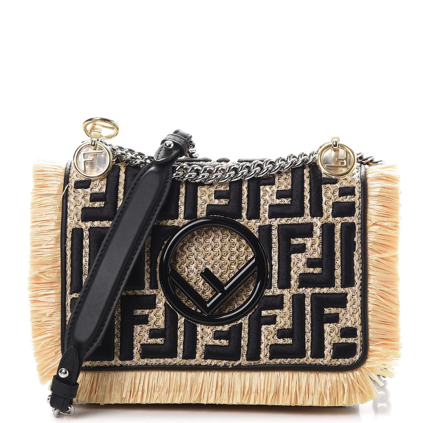 Raffia Vitello Century F is Fendi FF Embroidered Fringe Small Kan I Shoulder Bag Natural Black