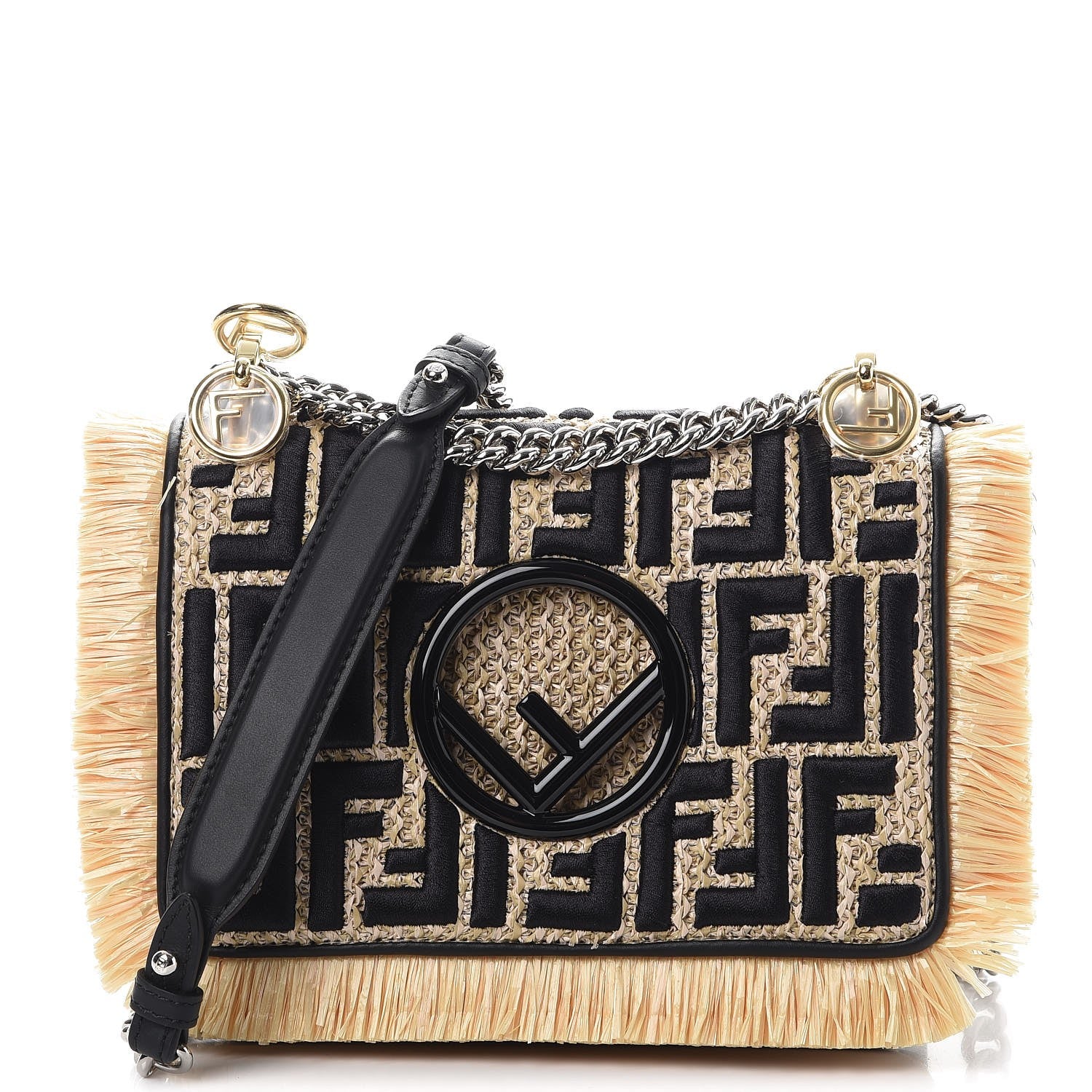 Fendi Raffia Vitello Century F is Fendi FF Embroidered Fringe Small Kan I Shoulder Bag Natural Black 1 of 7