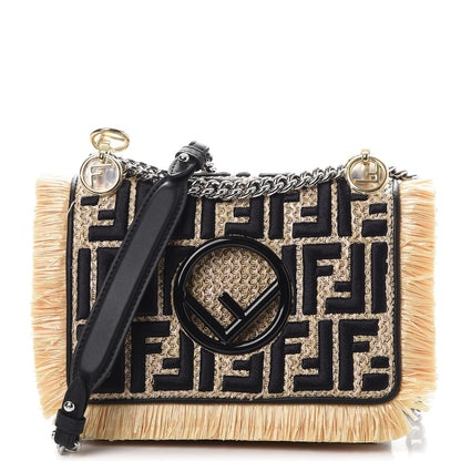 Fendi Raffia Vitello Century F is Fendi FF Embroidered Fringe Small Kan I Shoulder Bag Natural Black 1 of 7