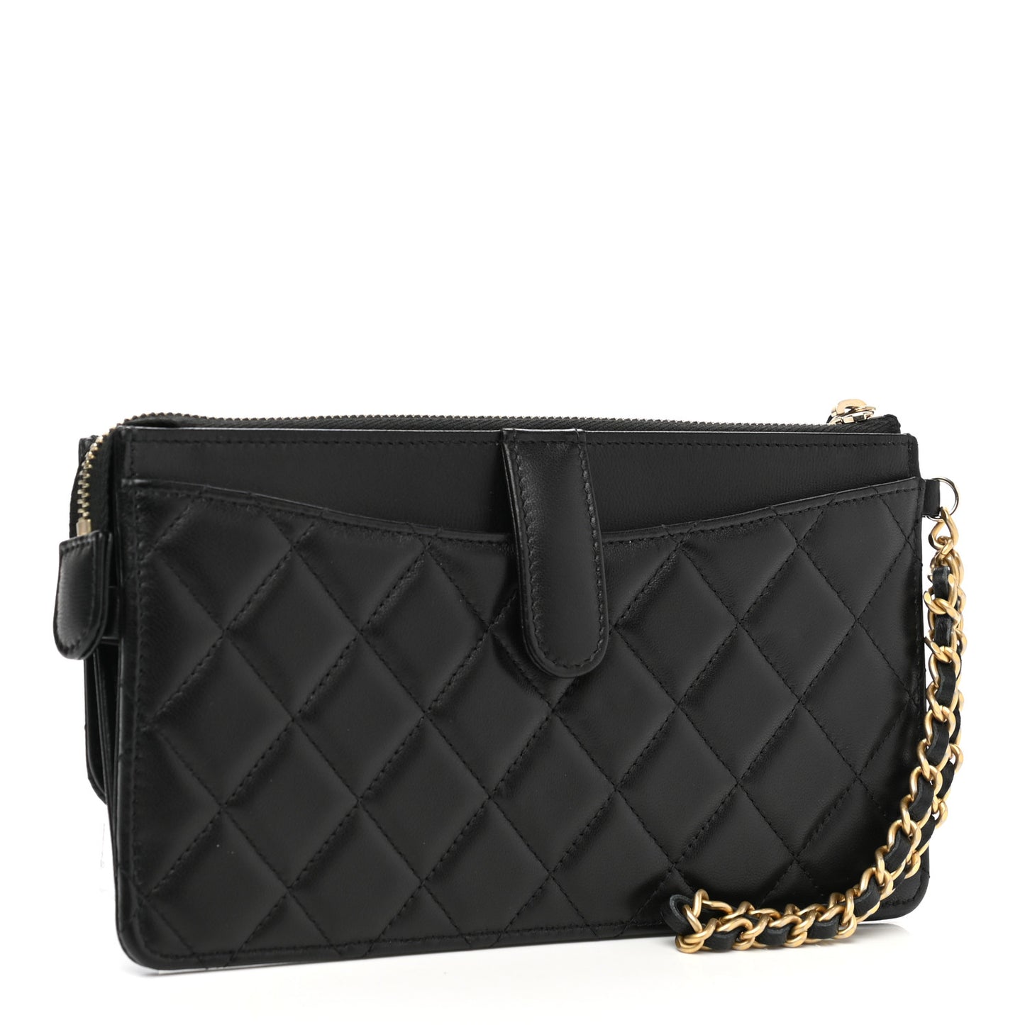 Lambskin Quilted Classic Pouch With Handle Black