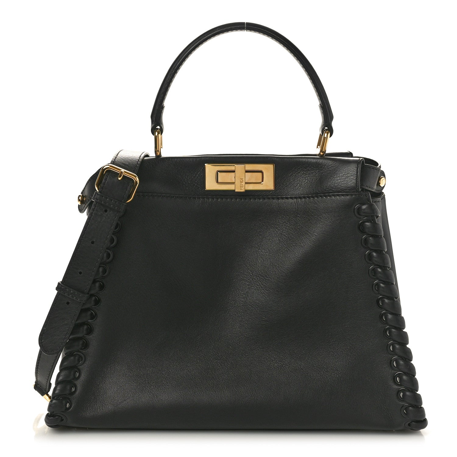 Fendi Vitello Seta Lace Up Medium Peekaboo Iconic Satchel Black 1 of 12