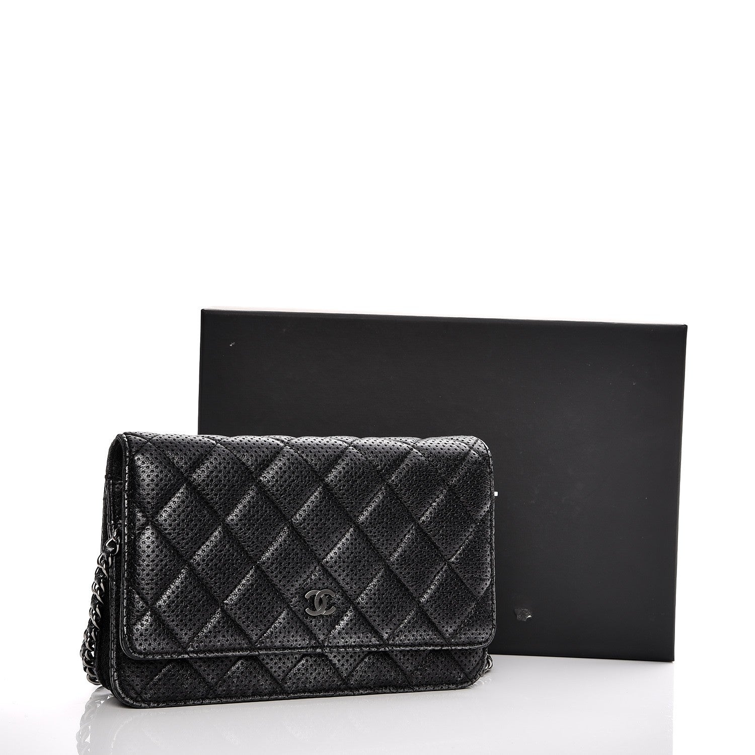 Chanel Metallic Perforated Lambskin Quilted Wallet On Chain WOC Black 7 of 10
