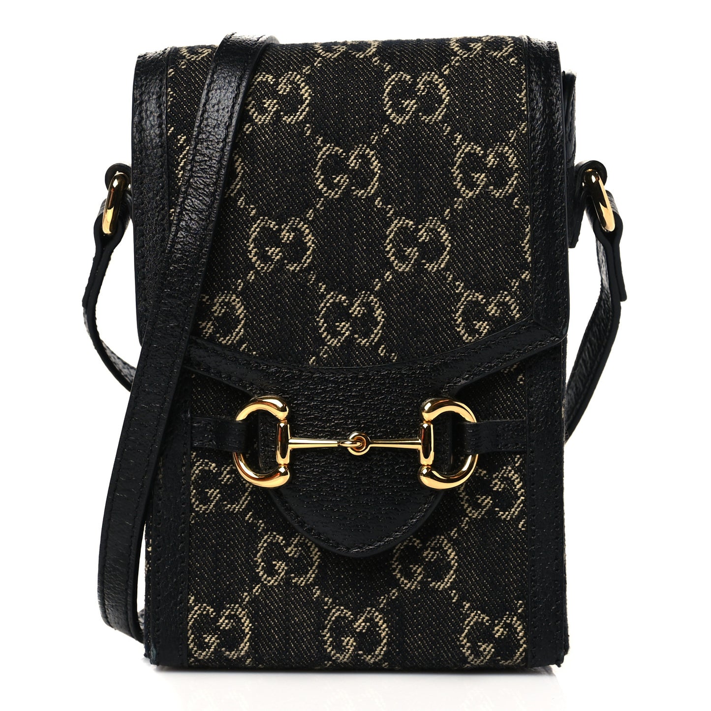 Jacquard Black Denim GG Monogram Textured Dollar Calfskin Mini Horsebit 1955 Crossbody Bag Black Ivory