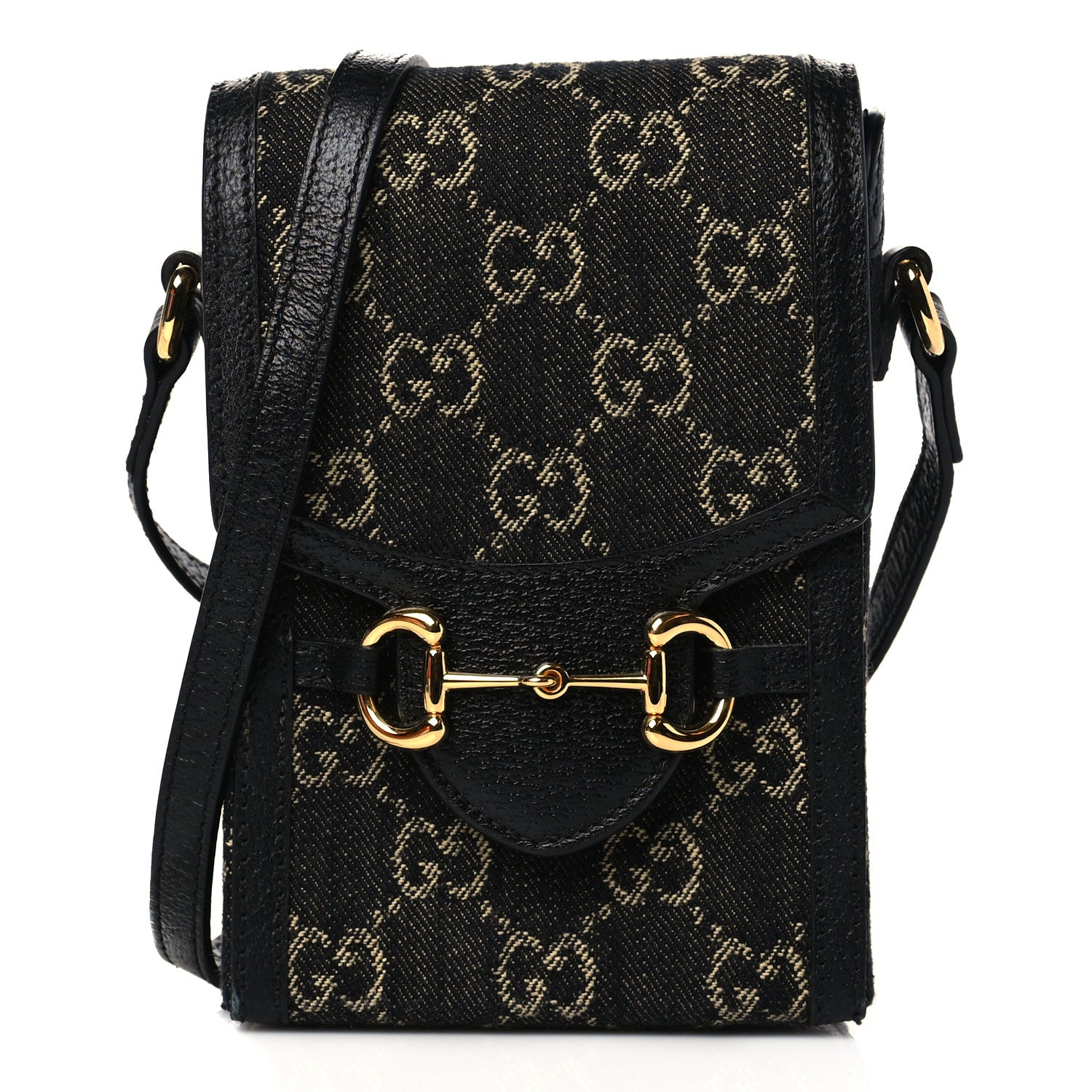 Gucci Jacquard Black Denim GG Monogram Textured Dollar Calfskin Mini Horsebit 1955 Crossbody Bag Black Ivory 1 of 11