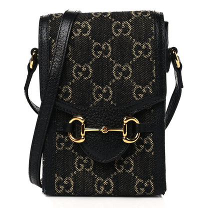 Gucci Jacquard Black Denim GG Monogram Textured Dollar Calfskin Mini Horsebit 1955 Crossbody Bag Black Ivory 1 of 11