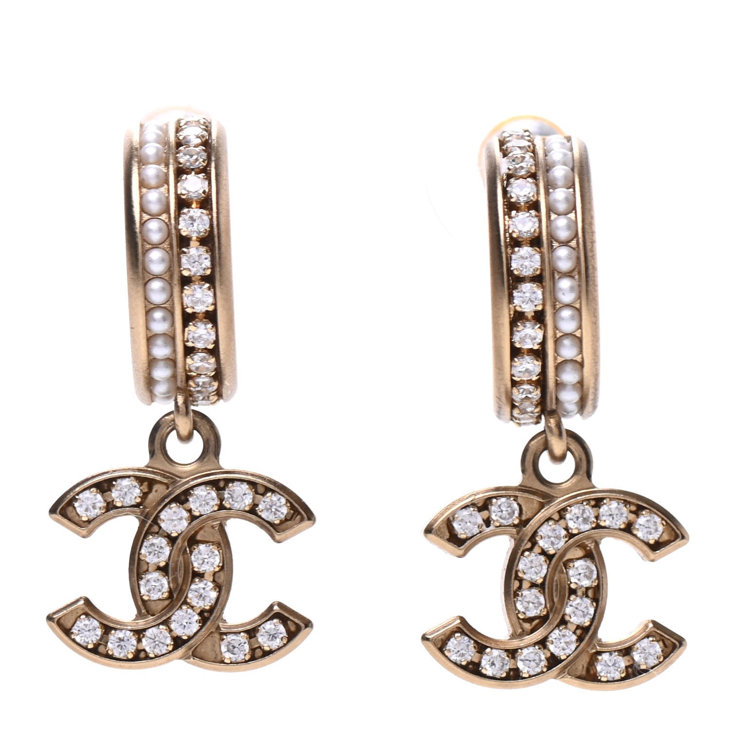 Chanel Crystal Pearl CC Hoop Drop Earrings Gold 1 of 5