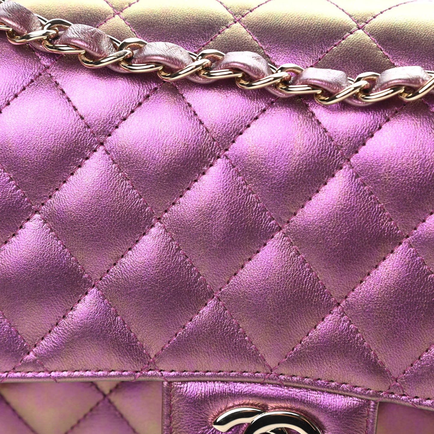 Iridescent Lambskin Quilted Medium Double Flap Purple