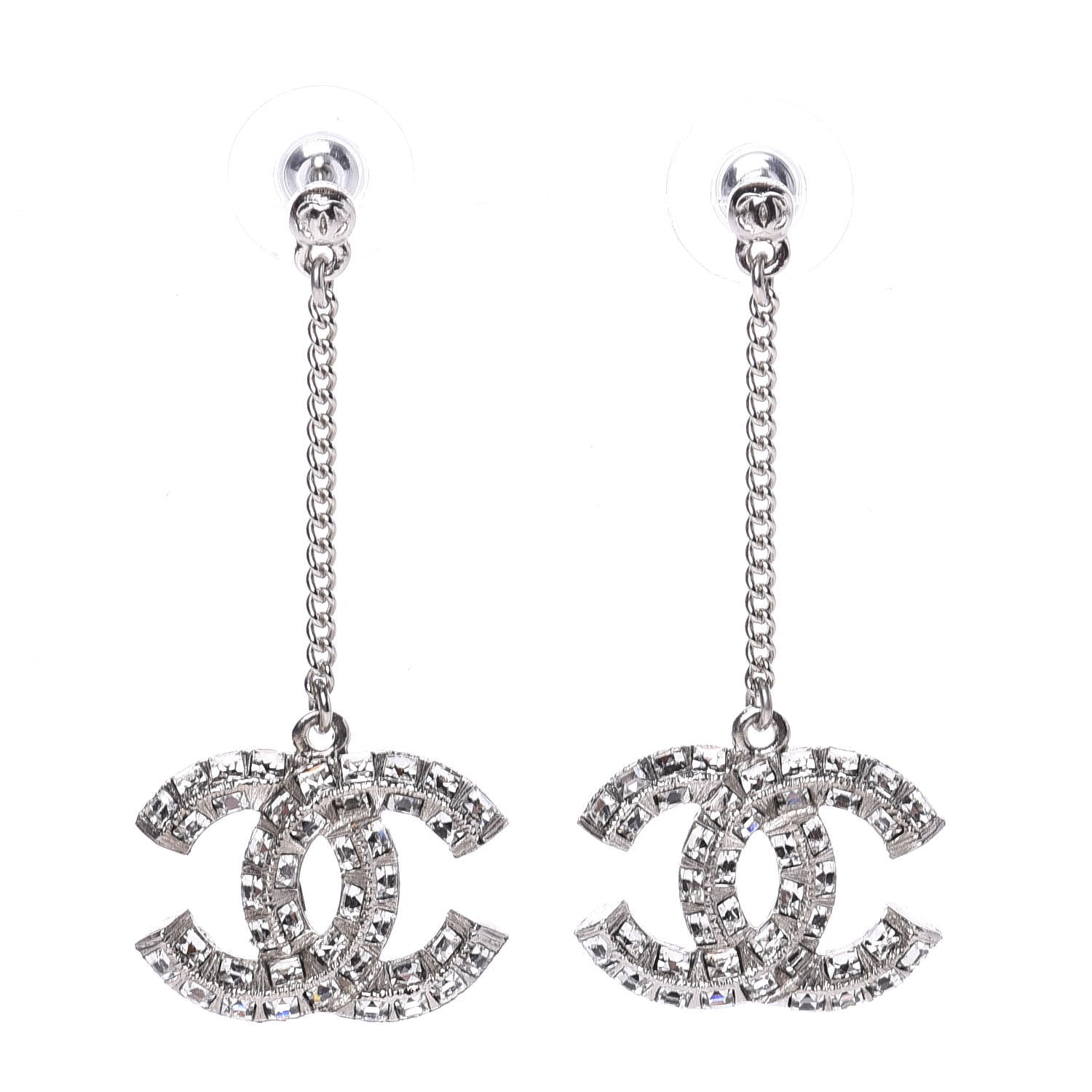 Chanel Baguette Crystal CC Drop Earrings Silver 1 of 5