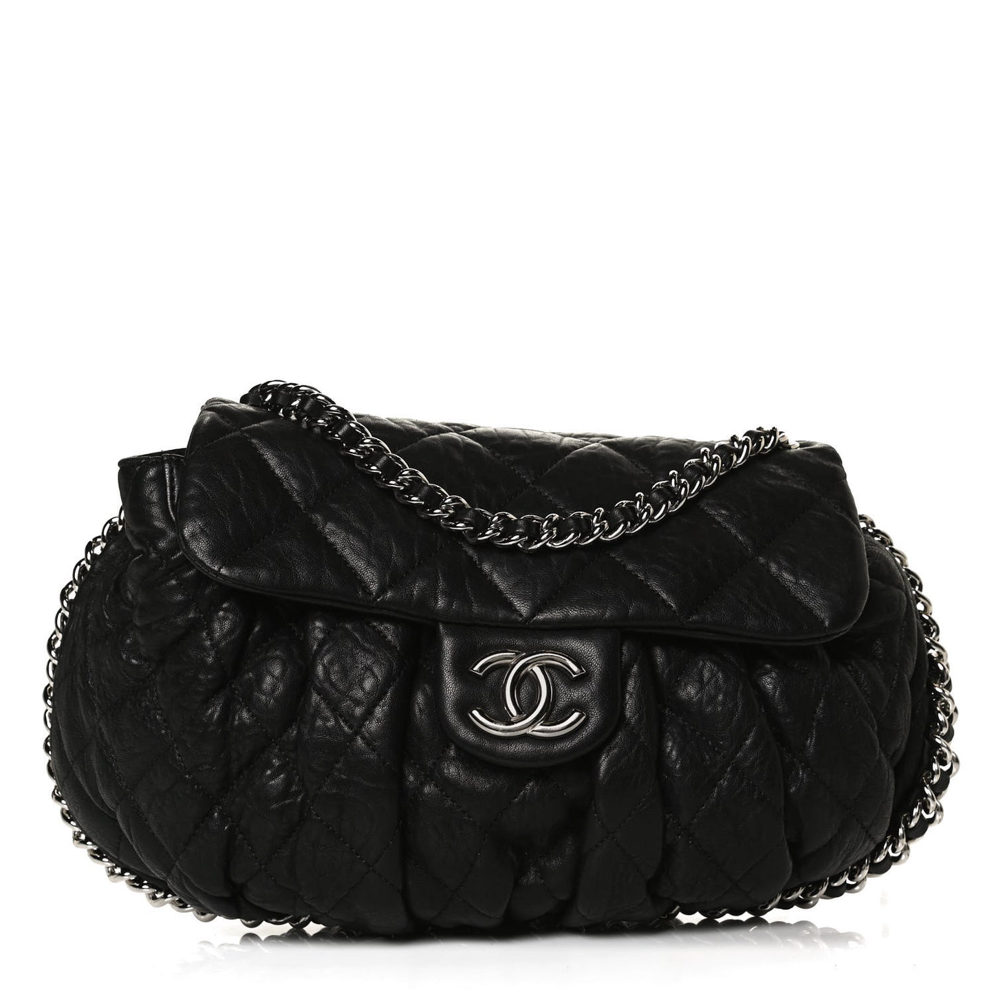 Washed Lambskin Quilted Medium Chain Around Messenger Black