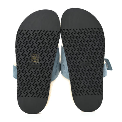 Hermes Suede Goatskin Woolskin Womens Chypre Sandals 37.5 Bleu Pinede Ecru 5 of 8