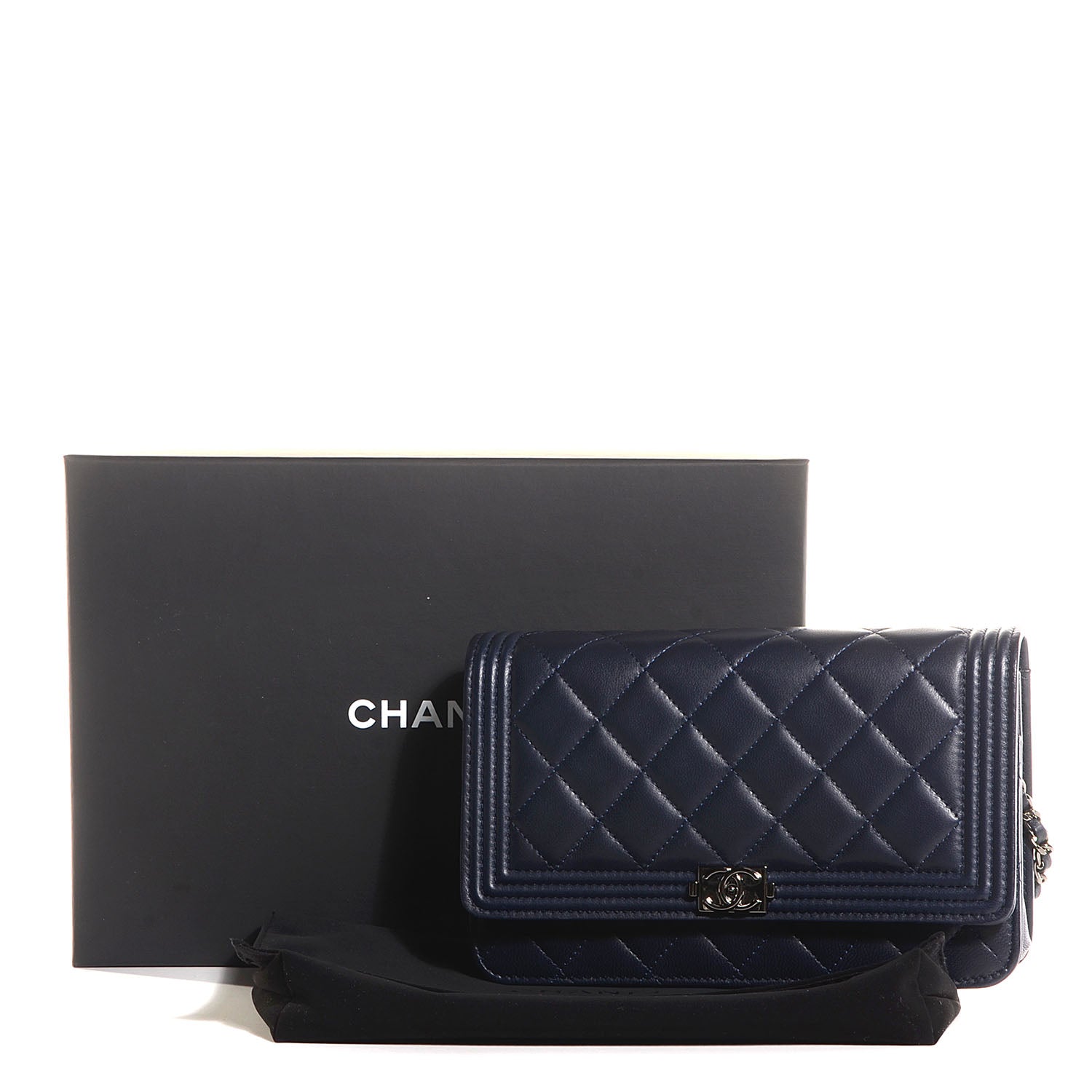 Chanel Lambskin Quilted Boy Wallet On Chain WOC Navy 9 of 9