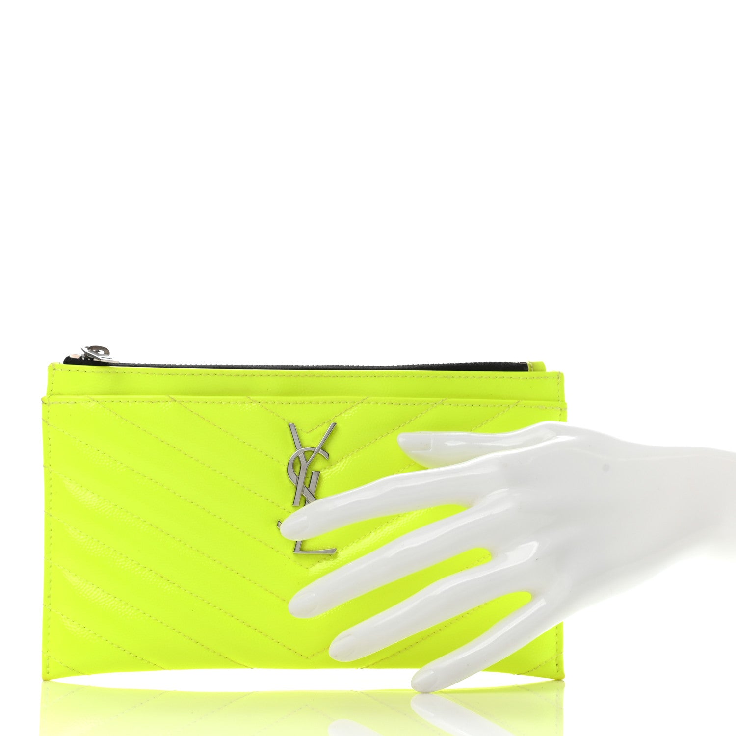 Saint Laurent Patent Grain De Poudre Matelasse Chevron Monogram Bill Pouch Neon Yellow 4 of 14