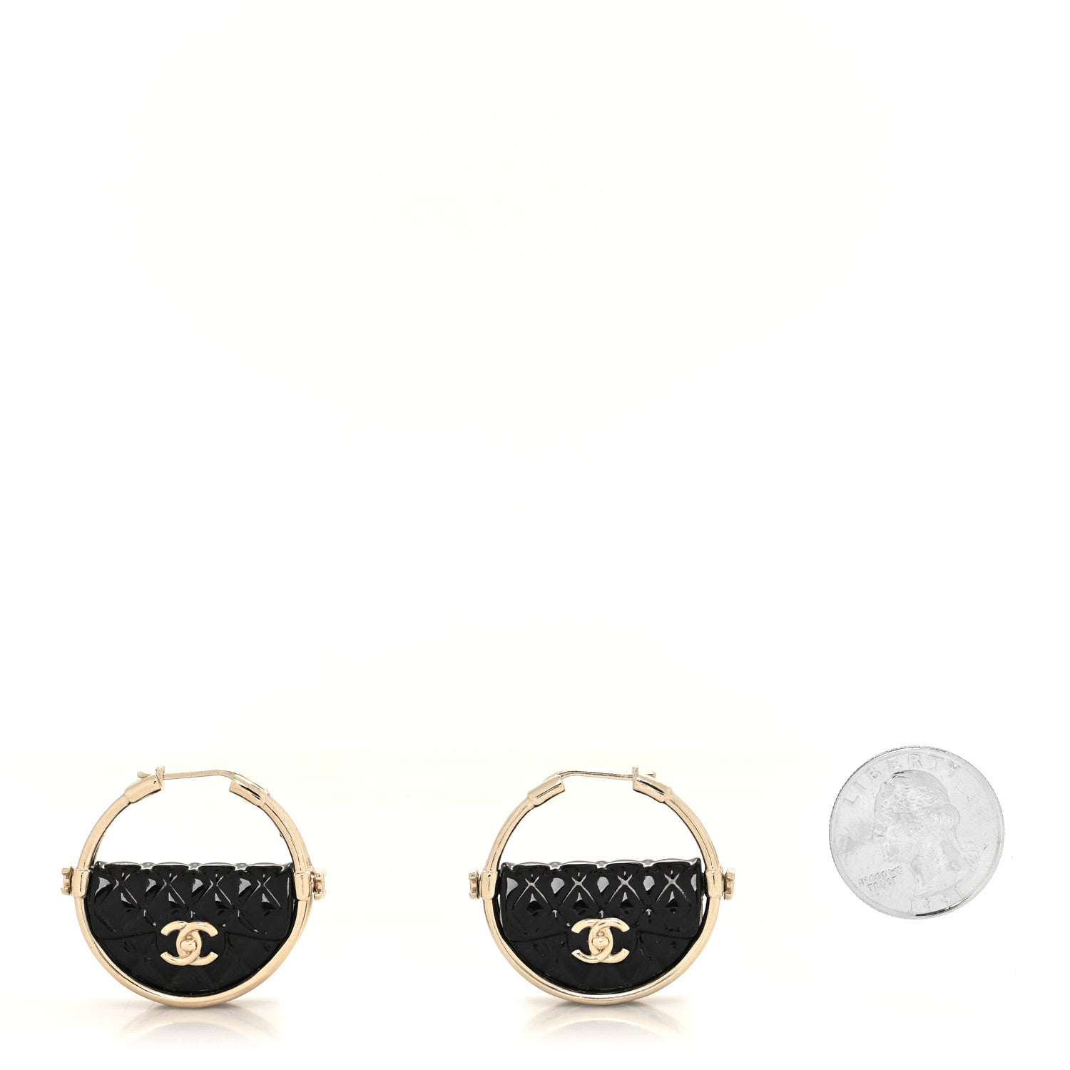 Chanel Metal Resin Quilted Flap Bag Hoop Earrings Black Gold 2 of 4