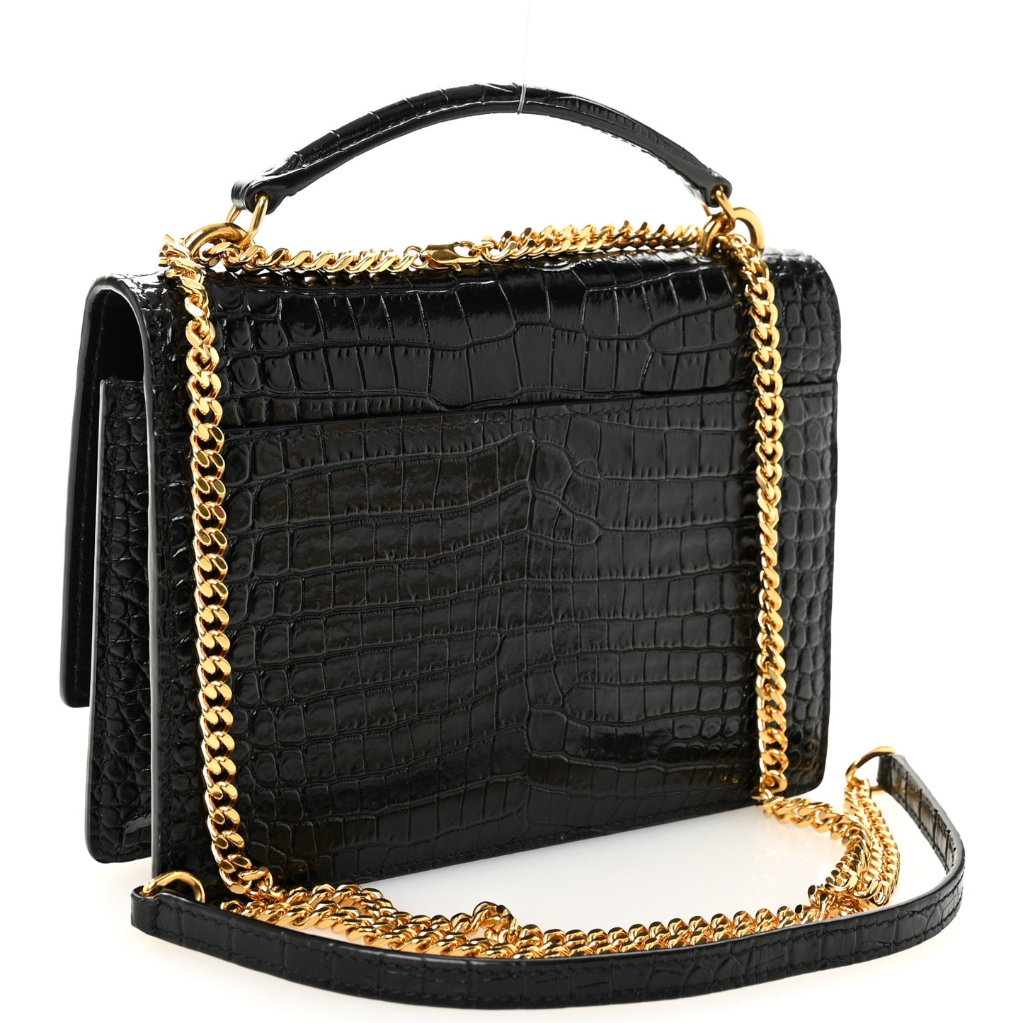 Calfskin Crocodile Embossed Monogram Sunset Top Handle Chain Wallet Black