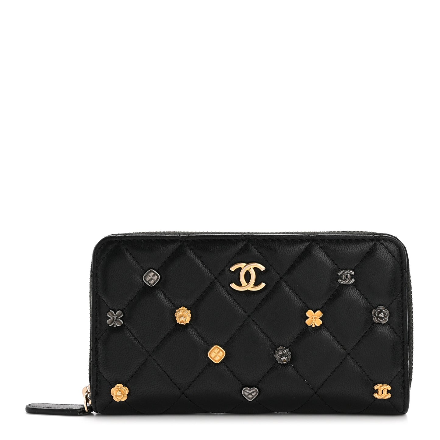 Lambskin Quilted Small Lucky Charms Zip Around Wallet Black