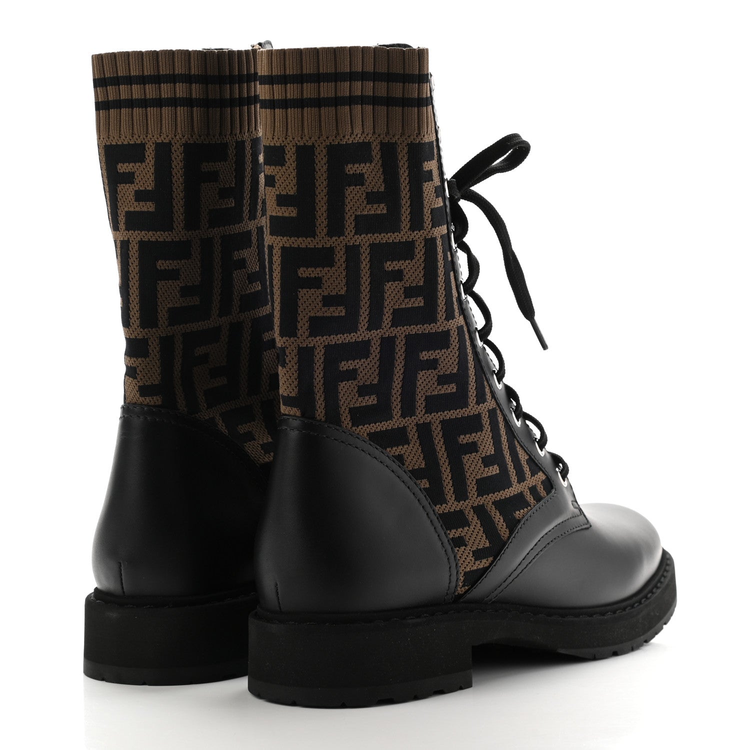 Fendi Calfskin Stretch Fabric FF Rockoko Biker Boots 41 Black Tobacco 4 of 7