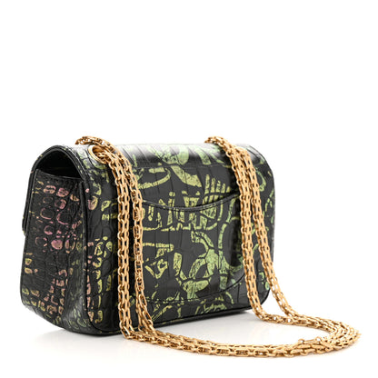 Chanel Calfskin Crocodile Embossed Graffiti 2.55 Mini Cocodile Reissue Flap Black Pink 3 of 11