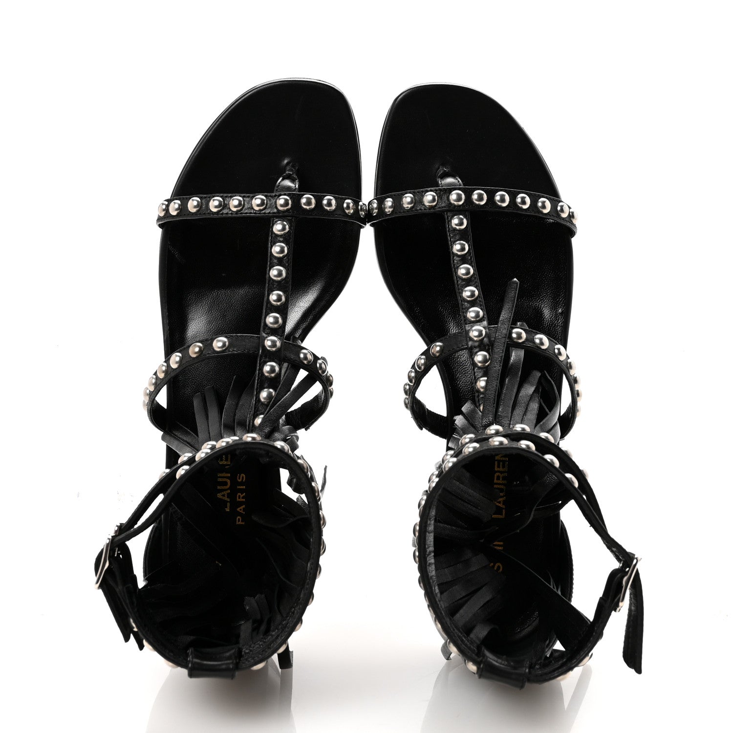 Saint Laurent Calfskin Studded Fringe Cyuko Sandals 36.5 Black 2 of 10