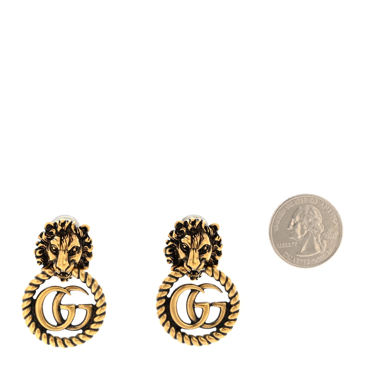 Metal Double G Lion Head Clip On Earrings Aged Gold