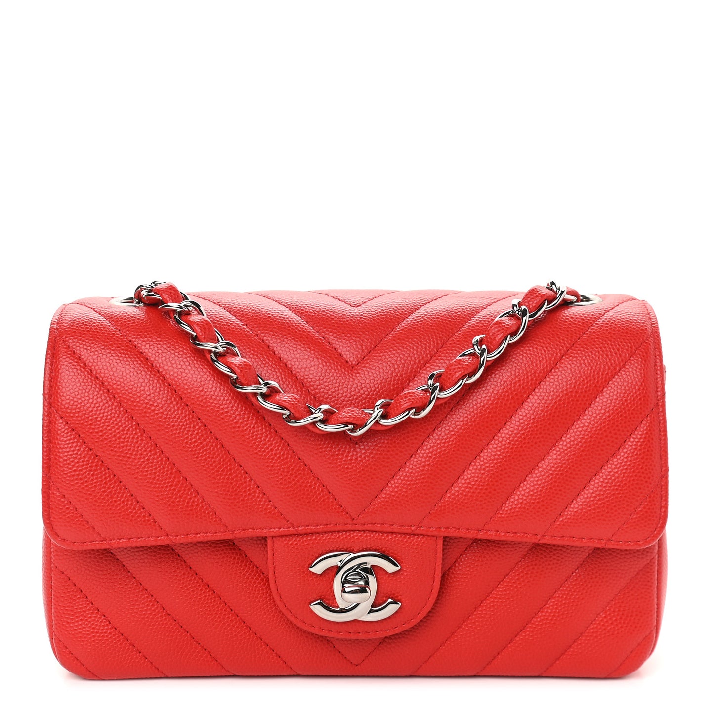 Caviar Chevron Quilted Mini Rectangular Flap Red