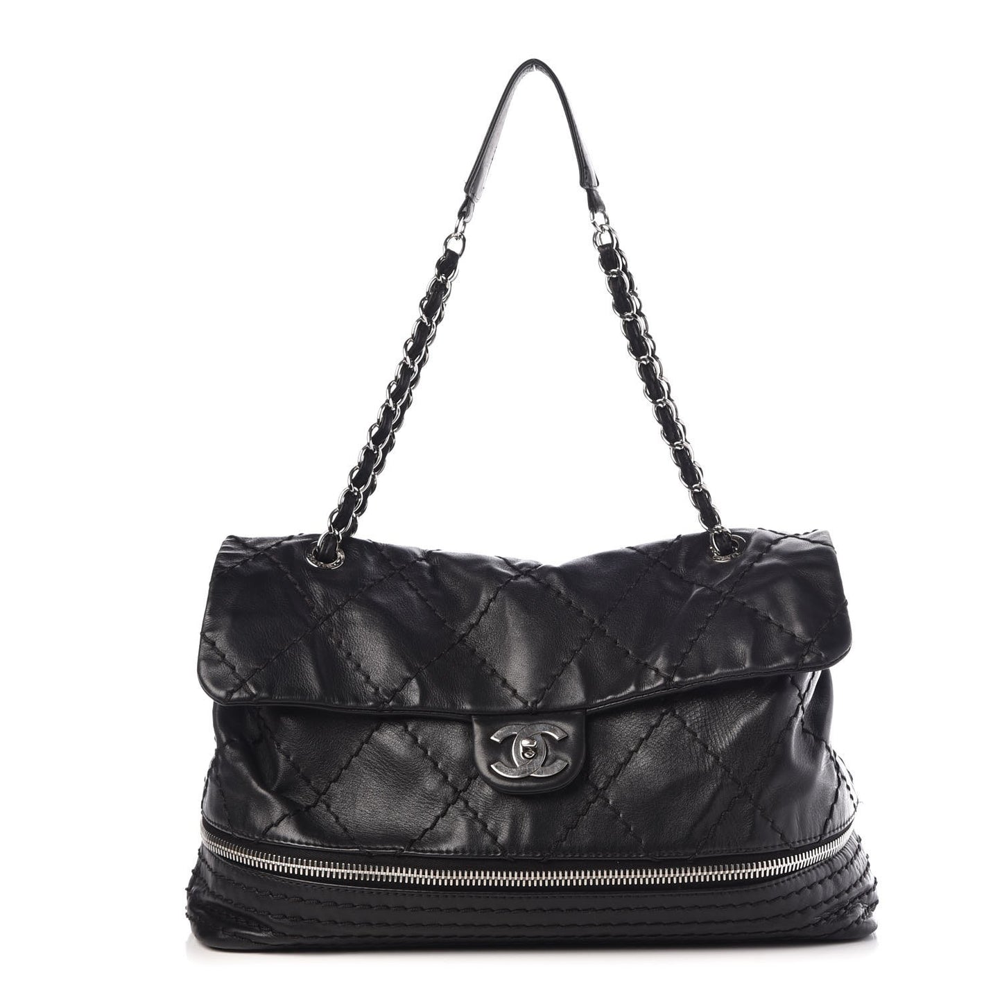 Calfskin Stitched Large Expandable Flap Bag Black