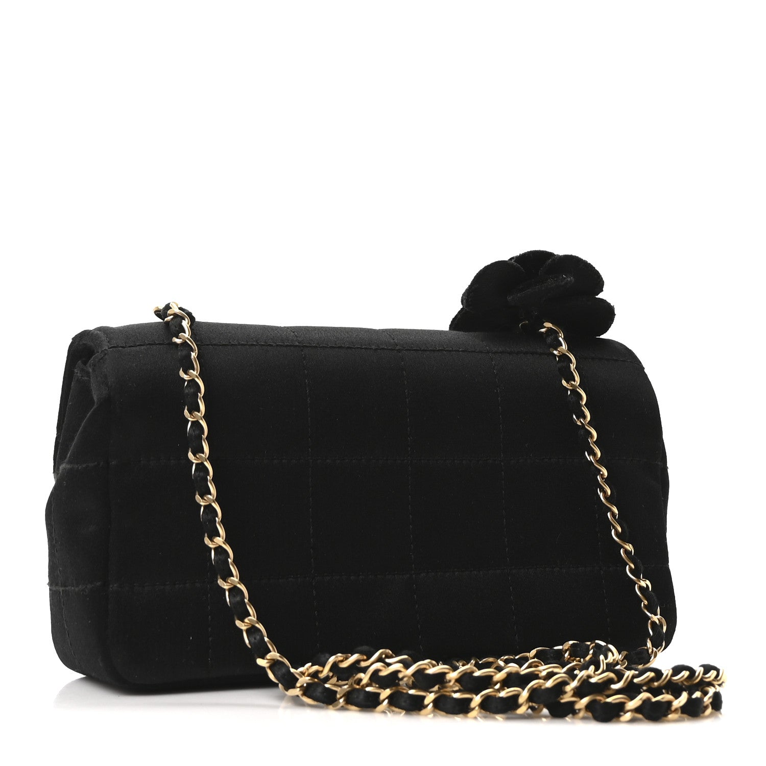 Chanel Satin Chocolate Bar Quilted Camellia Rectangular Mini Flap Black 3 of 11