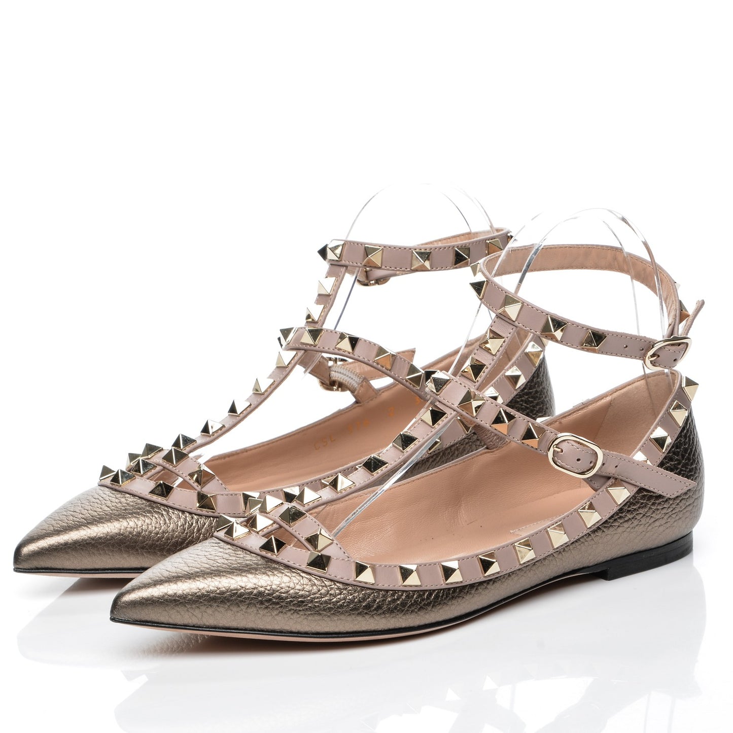 Metallic Pebbled Calfskin Rockstud Cage Ballerina Flats 36.5 Sasso Poudre