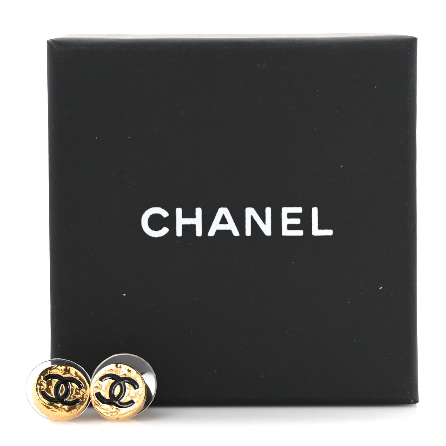 Chanel Metal Enamel Textured CC Round Earrings Gold Black 5 of 5