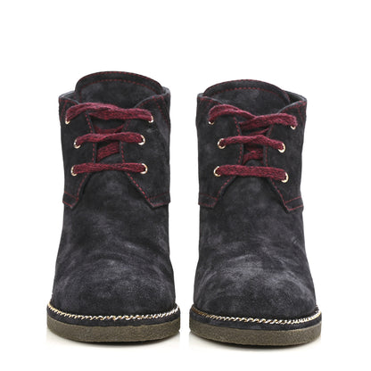 Chanel Suede Lace Up Wedge Booties 39.5 Dark Blue 2 of 8